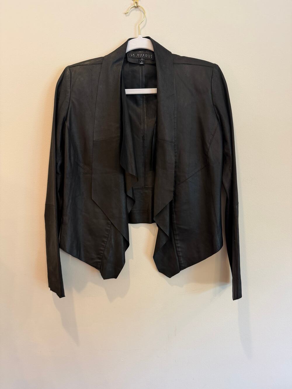 La Marque Collection Black Draped Leather Jacket Open Front Lamb Leather Size 2